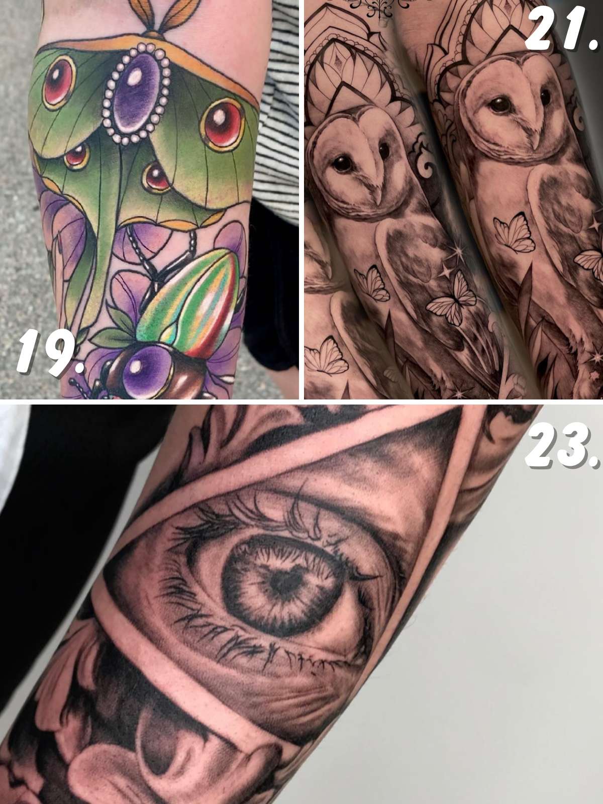 Three different tattoos. One with colorful moth. One with owls. And one with eye with triangle.