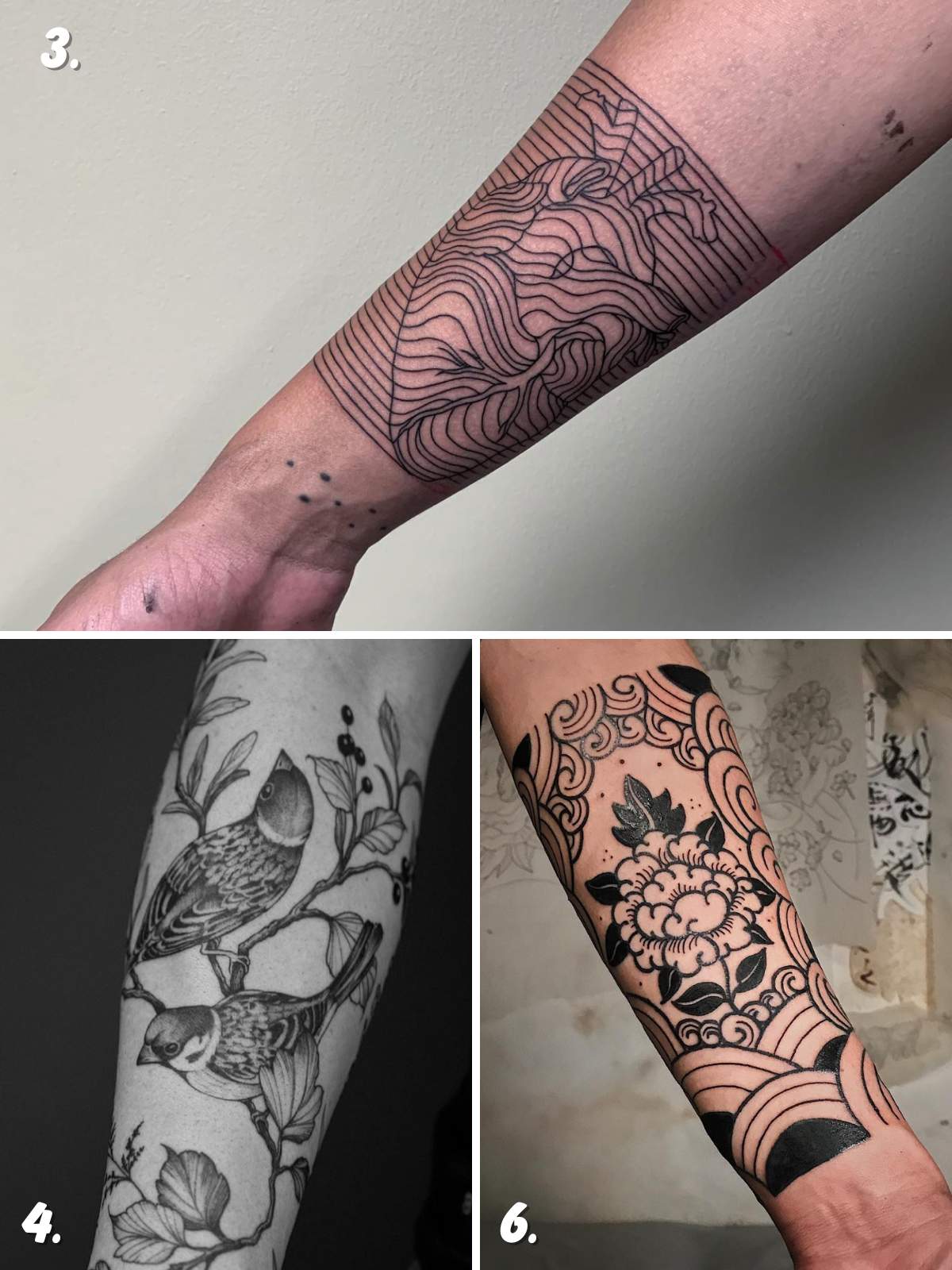 Three different tattoos. One of a heart with lines. One with a Bird. And one with a traditional flower.