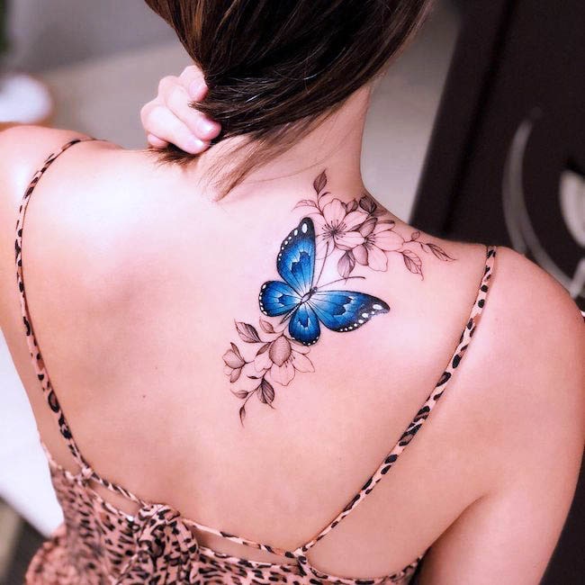 Blue butterfly on the shoulder by @miltonreistatuador