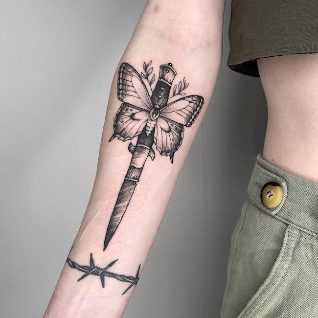 Butterfly and knife tattoo by @saraafterdawn