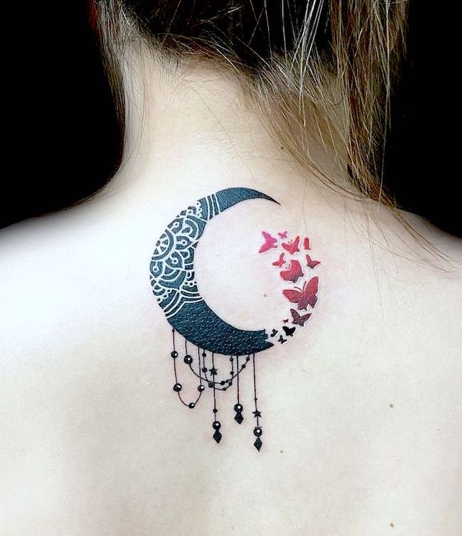 Fly away_mandala moon nape tattoo by @yaelraz0n