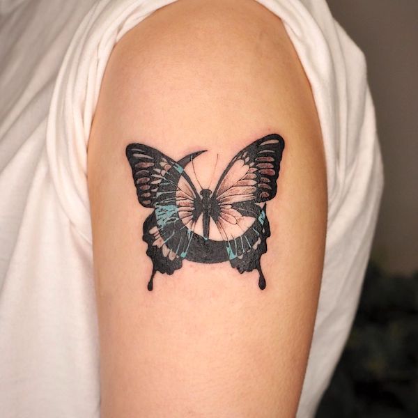 Moon and butterfly tattoo by @dalha_tattoo