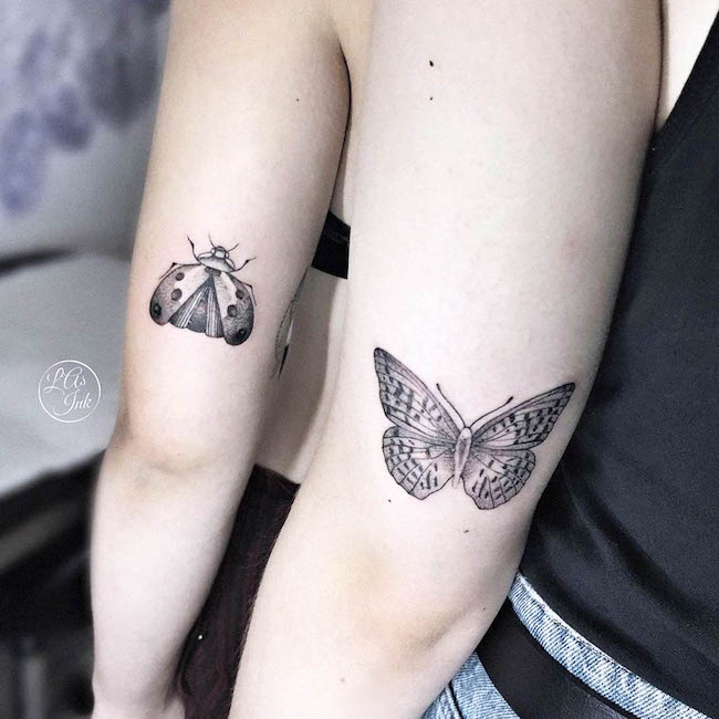 Moth and butterfly friendship tattoos by @pauline.lasink