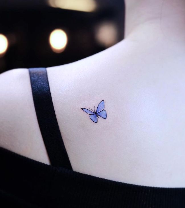 Small blue butterfly on the shoulder by @tattooist_pool