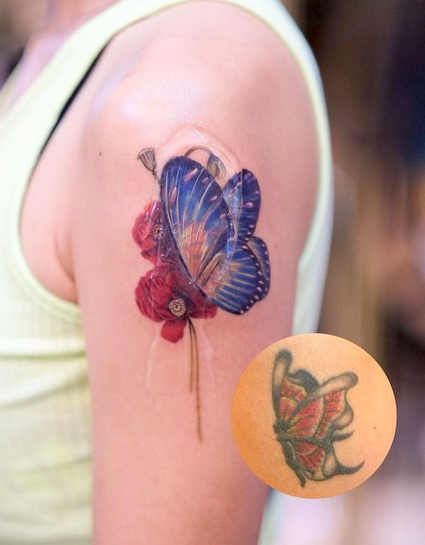 butterflyBeautiful butterfly tattoo cover up by @duchess.tattoo