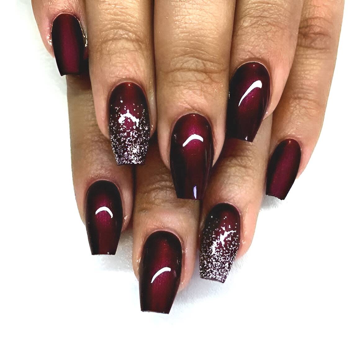 Burgundy Nails With Glittered Tips