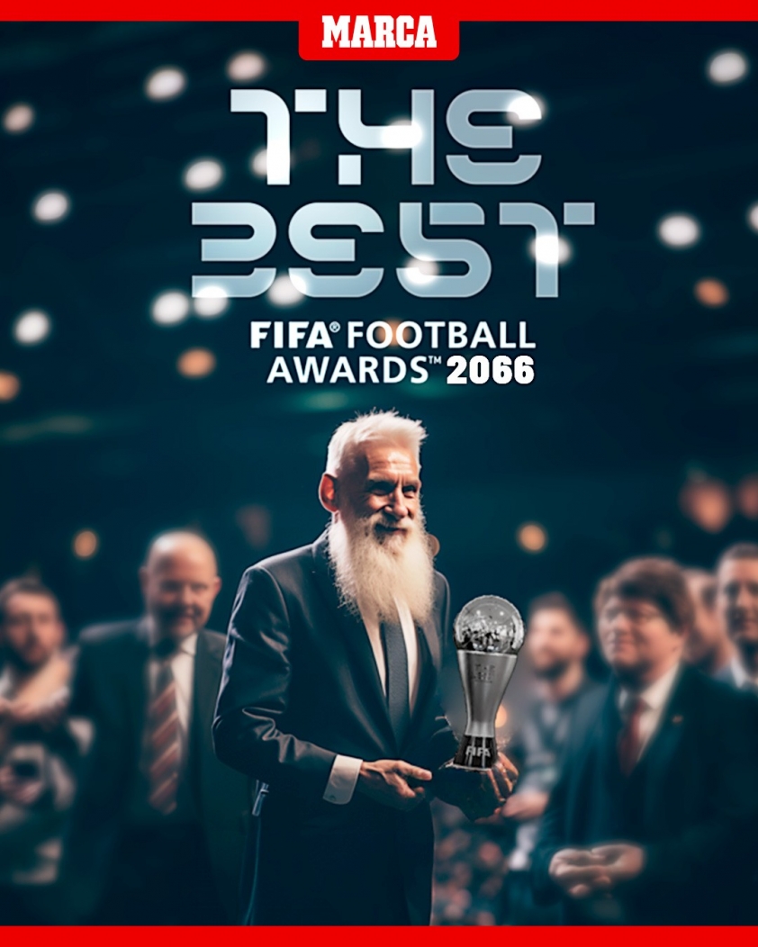 Messi with white hair and beard received the FIFA The Best 2066 award