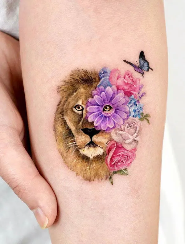 Floral lion tattoo for women by @songe.tattoo