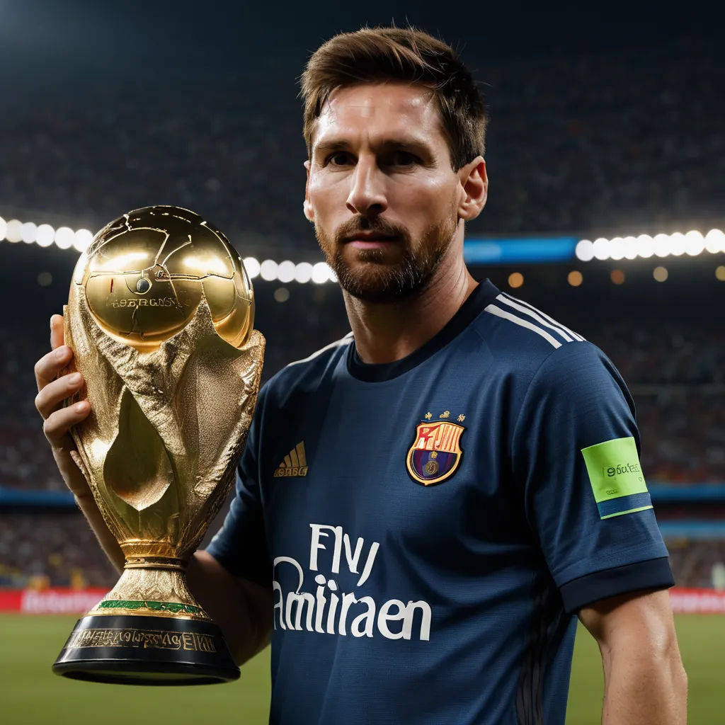 a man holding a golden trophy in front of a stadium filled with people watching it from the stands of a stadium, hyperrealism, a bronze sculpture, Carles Delclaux Is, foto realistic