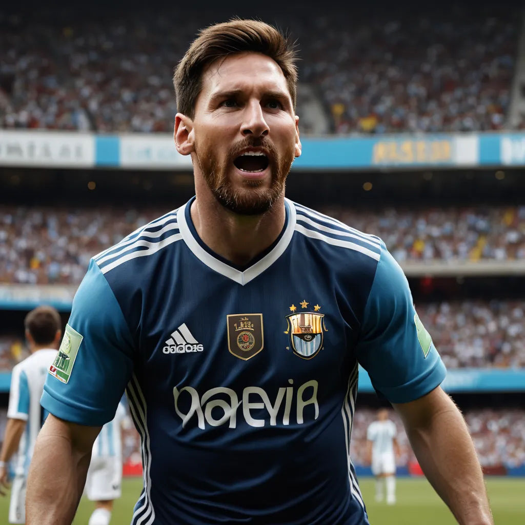a man with a beard and a soccer uniform on is making a face with his mouth open in front of a stadium, cubo-futurism, a poster, Carles Delclaux Is, foto realistic