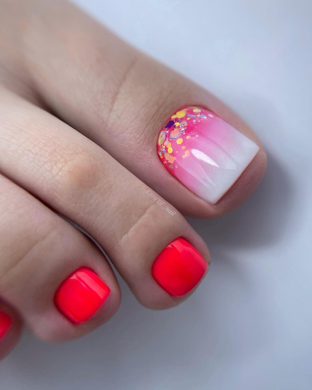 Glossy Red Pedicure with Ombre on Big Toe