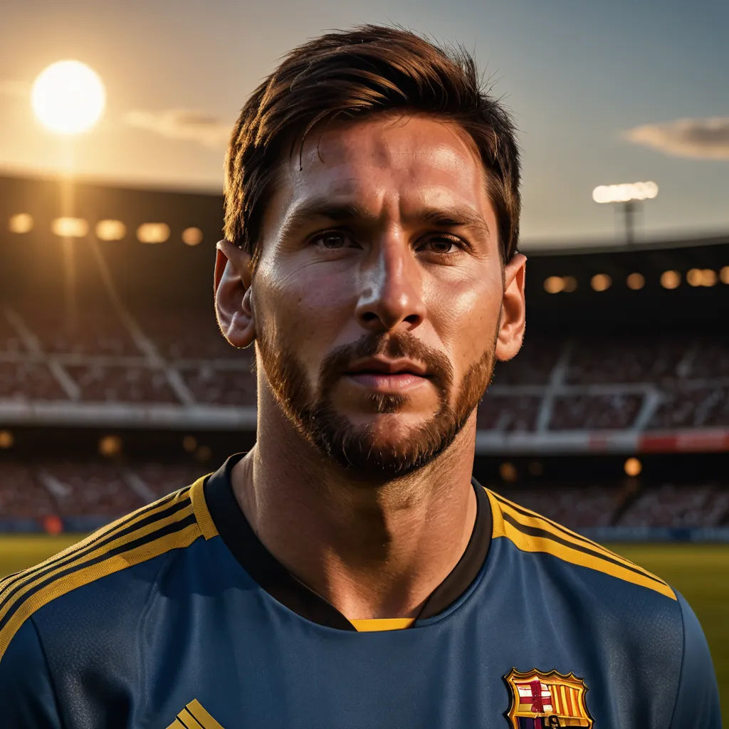 a man in a soccer uniform is looking at the camera with a stadium in the background and the sun shining, photorealism, a photorealistic painting, Carles Delclaux Is, foto realistic
