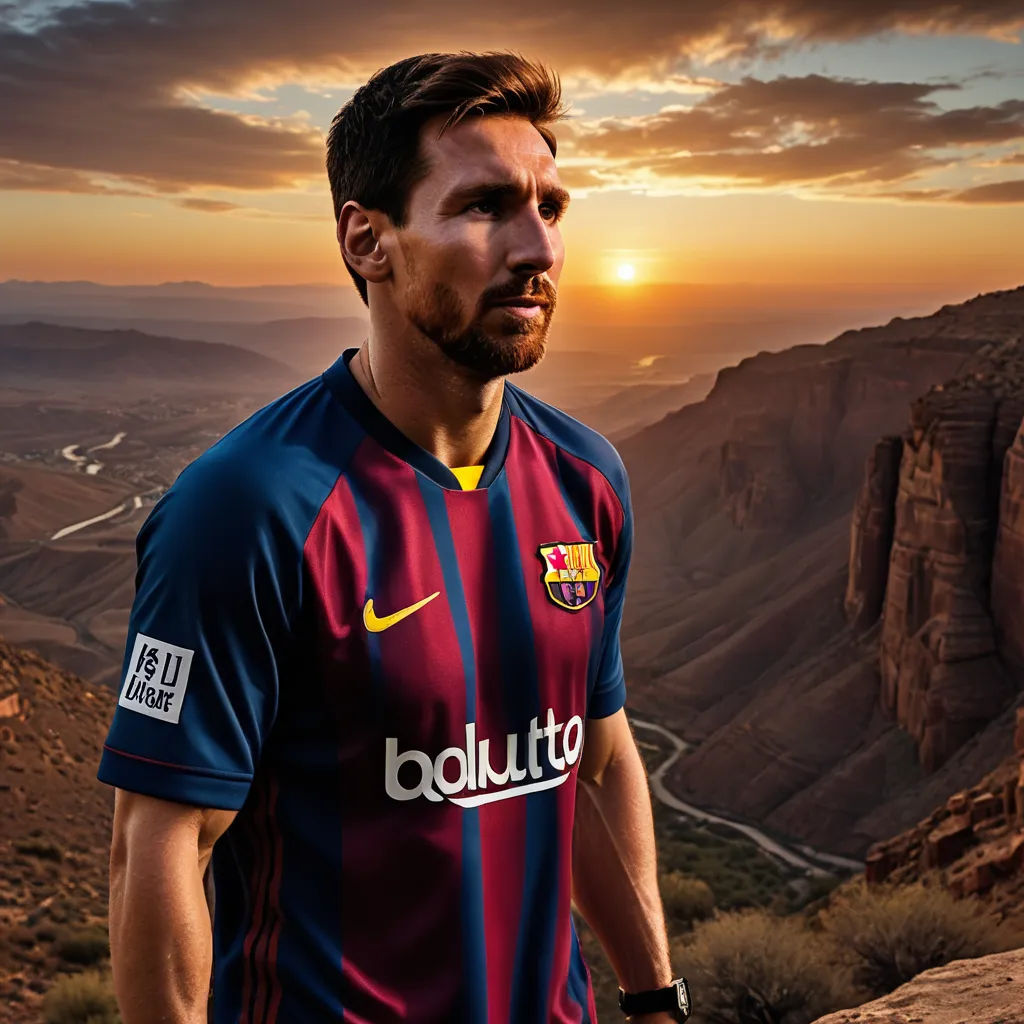 a man in a soccer uniform standing on a mountain top at sunset with a view of the valley below, photorealism, a photorealistic painting, Carles Delclaux Is, photoreal