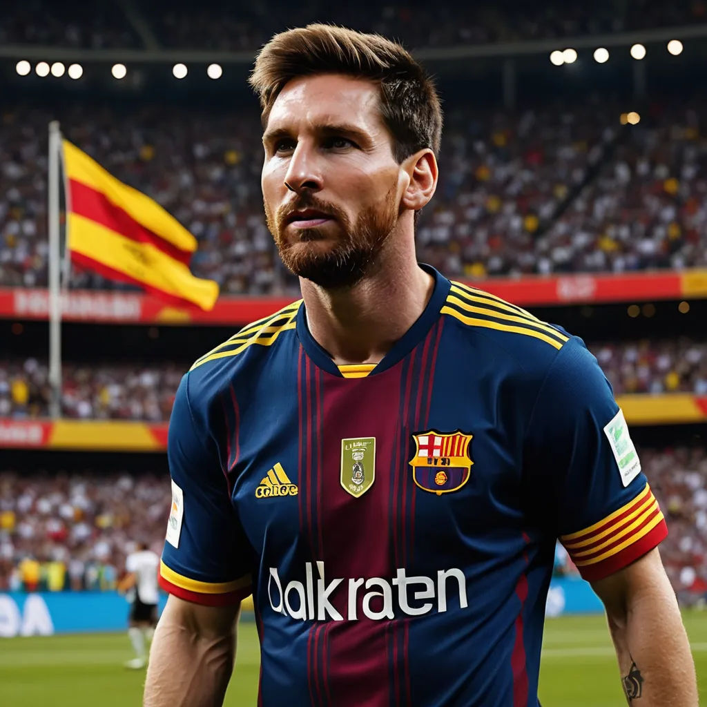 a man in a soccer uniform standing in front of a crowd of people in a stadium with a flag, hyperrealism, a picture, Carles Delclaux Is, foto realistic