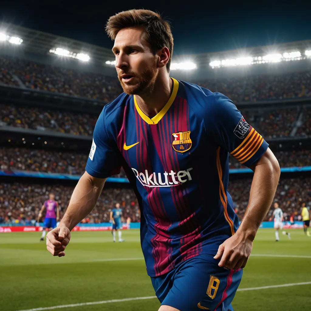 a man in a soccer uniform running on a field with a crowd of people in the background at night, photorealism, computer graphics, Carles Delclaux Is, 4k uhd image