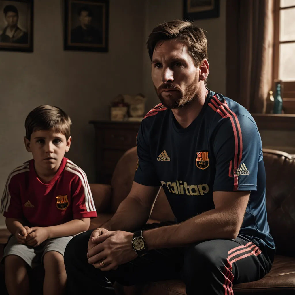 a man and a boy sitting on a couch in a living room with a window behind them and a soccer jersey on, photorealism, a poster, Diego Gisbert Llorens, vfx