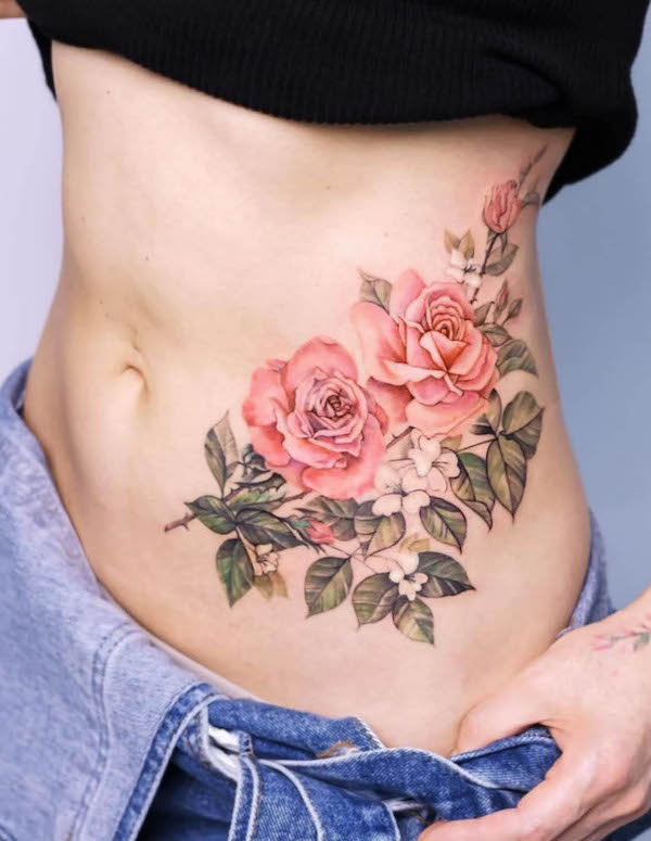 Flowers waist tattoo by @jooyoung_tt