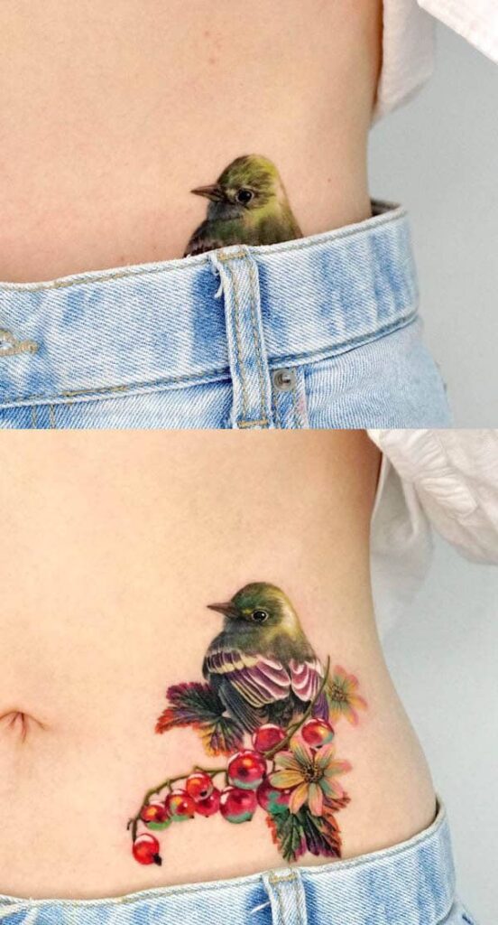 Realistic bird waist tattoo by @non_lee_ink