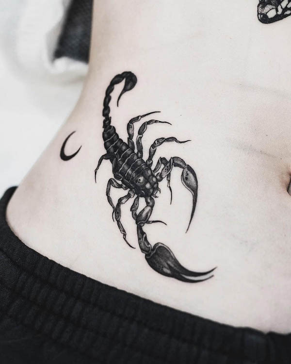 Scorpion and moon side waist tattoo by @felix_tattoo