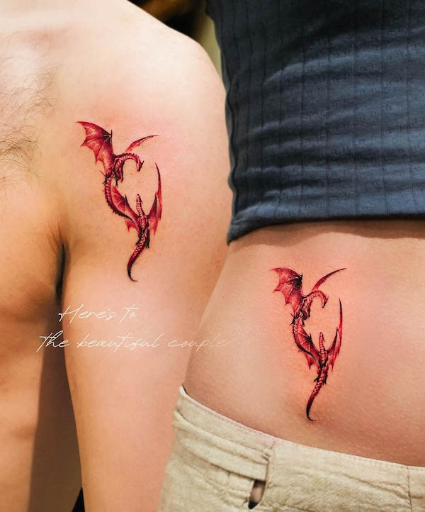 Matching dragon tattoos by @tattooist.inno_