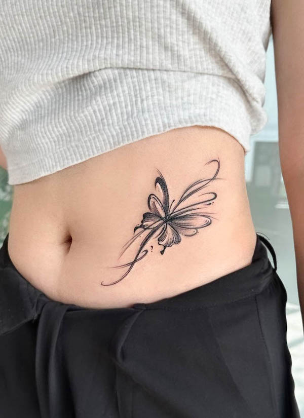 Abstract flowy butterfly waist tattoo by @ill0_tt