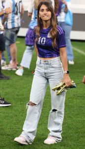 LUSAIL CITY, QATAR - DECEMBER 18: Antonella Roccuzzo, wife of Lionel Messi following the FIFA World Cup Qatar 2022 Final match between Argentina and France at Lusail Stadium on December 18, 2022 in Lusail City, Qatar. (Photo by Jean Catuffe/Getty Images)