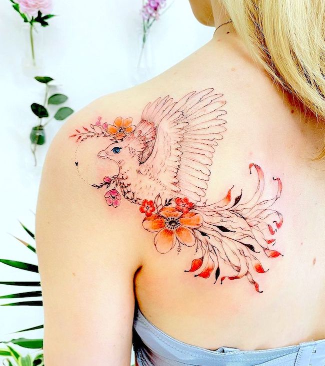 Phoenix shoulder blade tattoo by @deni teckuje