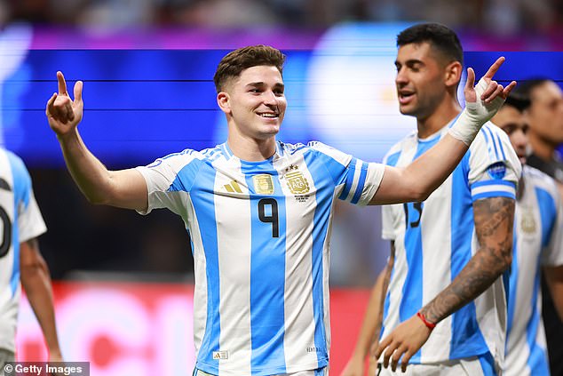 Julian Alvarez celebrates after putting Argentina ahead against Canada in the Copa America