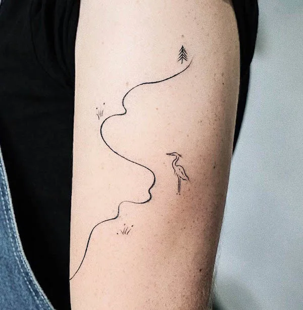 Minimalist river and crane tattoo by @studiomontes