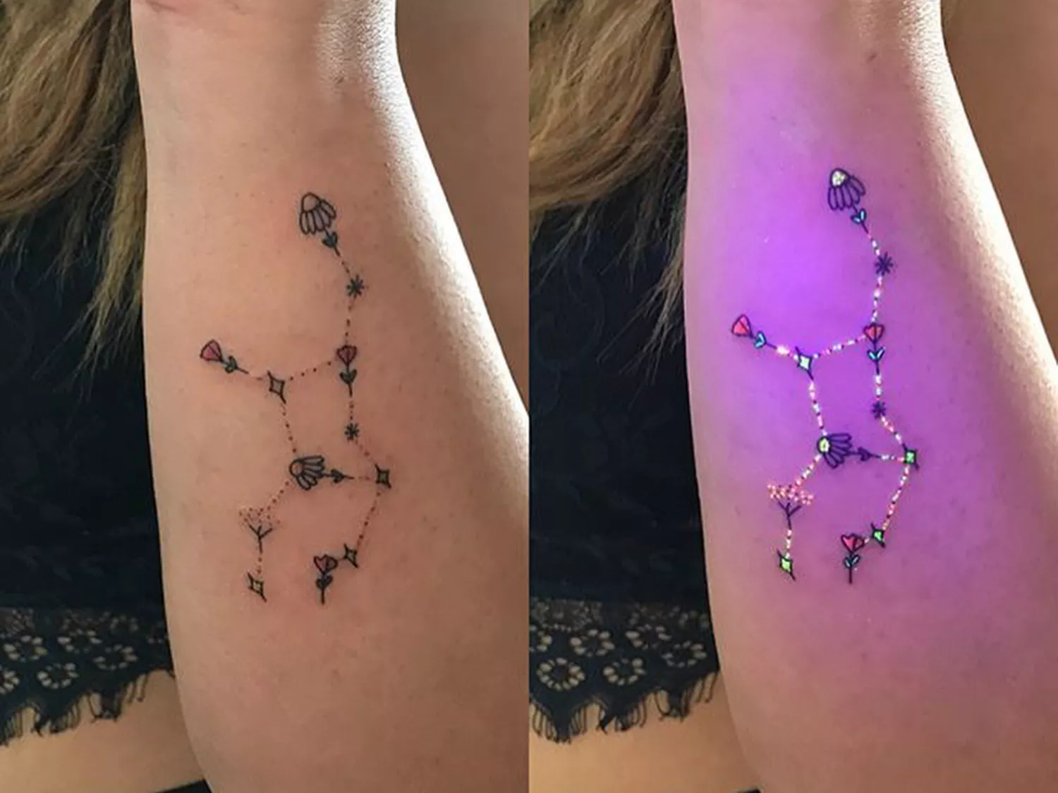 A side by side of a tattoo looking like regular ink and then how it glows in the dark