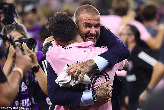 Lionel Messi embraces David Beckham and his wife Victoria after thrilling shootout win over Nashville: Team co-owner can hardly contain his joy as Argentinian hero leads Herons to their first title in