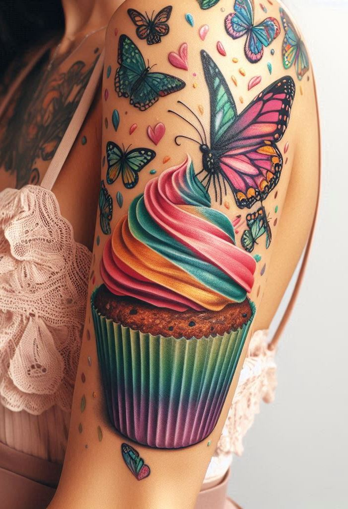 Mix a dash of sweetness with a flutter of freedom with this cupcake and butterflies arm tattoo. It's the perfect accessory for anyone who loves a touch of whimsy in their life.