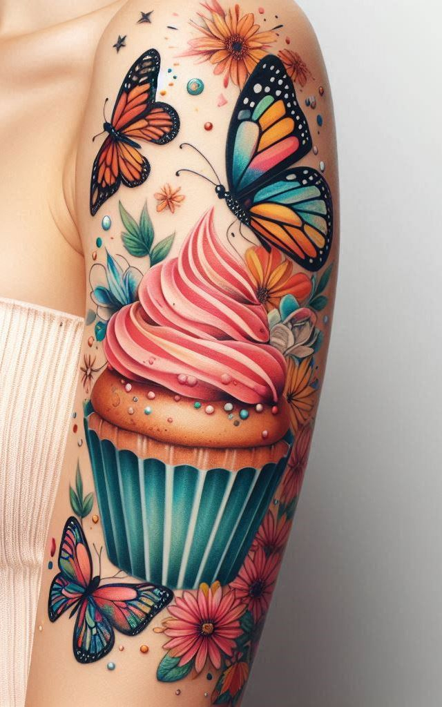 Show off your unique style with a cupcake and butterflies arm tattoo. It’s a deliciously creative way to celebrate your sweet and adventurous spirit!