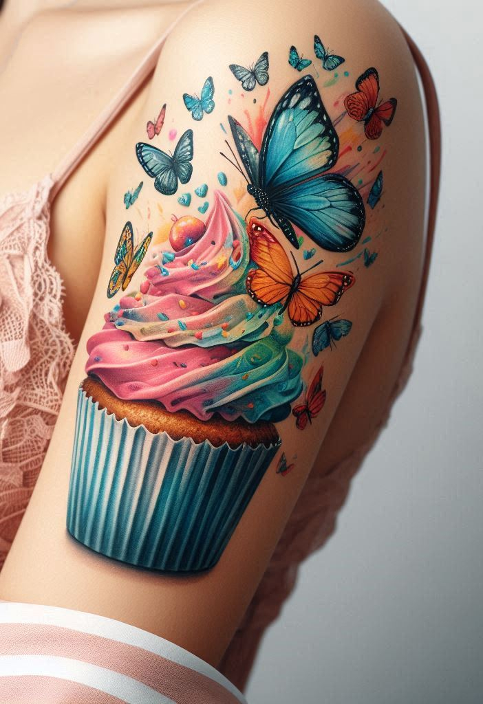 Transform your arm into a bakery-meets-butterfly garden with this enchanting tattoo. A cupcake and butterflies—because why not have a little fun with your ink?