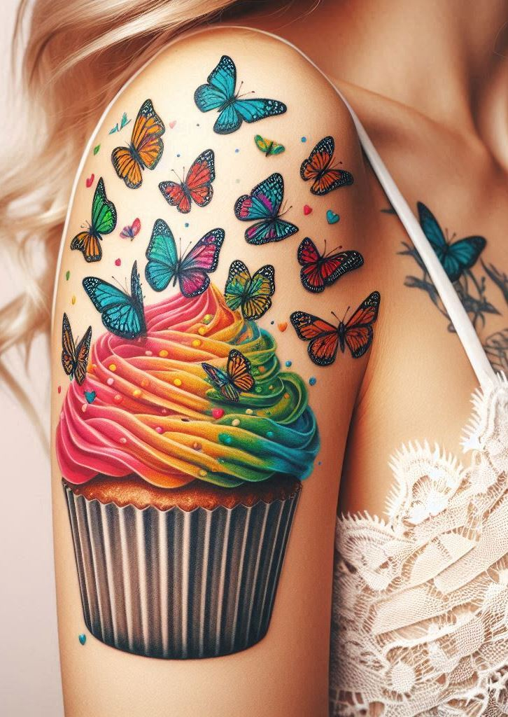 Why choose between your love for desserts and nature? Get the best of both worlds with a charming cupcake and butterflies arm tattoo that’s sure to flutter hearts.