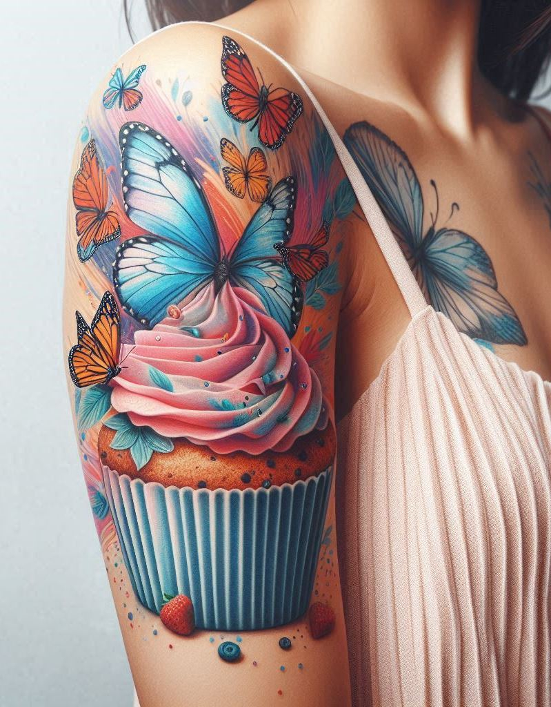 Add a sprinkle of whimsy to your ink with a cupcake and butterflies arm tattoo. It's the perfect blend of sweet and free-spirited, just like you!