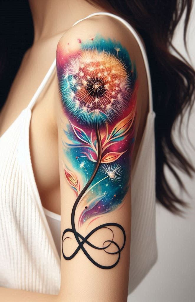 Eternal beauty blooms in the form of a dandelion-infused infinity tattoo.