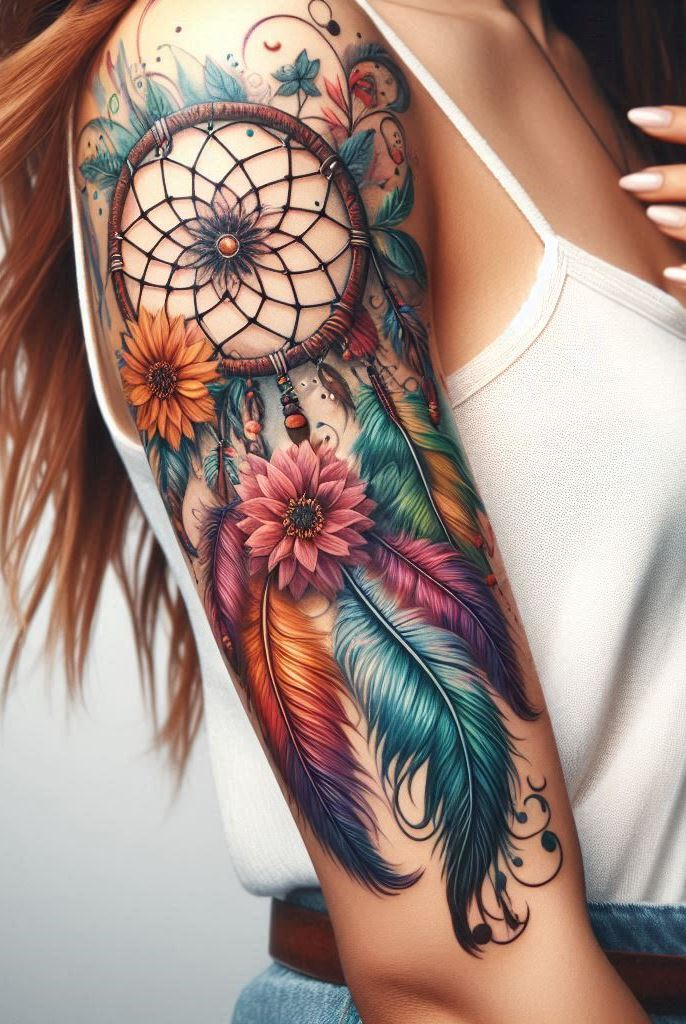 Ink your dreams with a feathered dreamcatcher—a symbol of protection and spiritual insight.