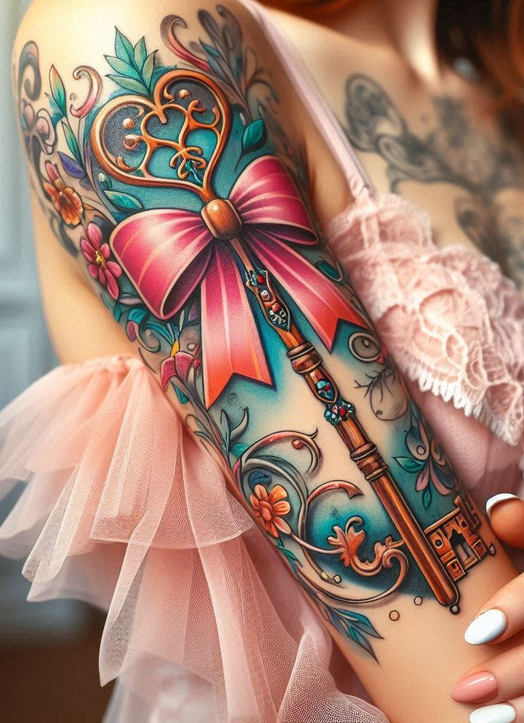 Unlock elegance with a twist of whimsy! This key and ribbon bow tattoo is the secret to showcasing your charming mysteries.