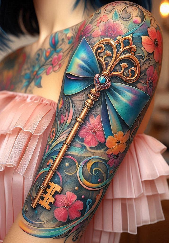 This tattoo is a key to whimsy and a bow to charm. It’s a little inked reminder that you’re the keeper of your own fairy tale.