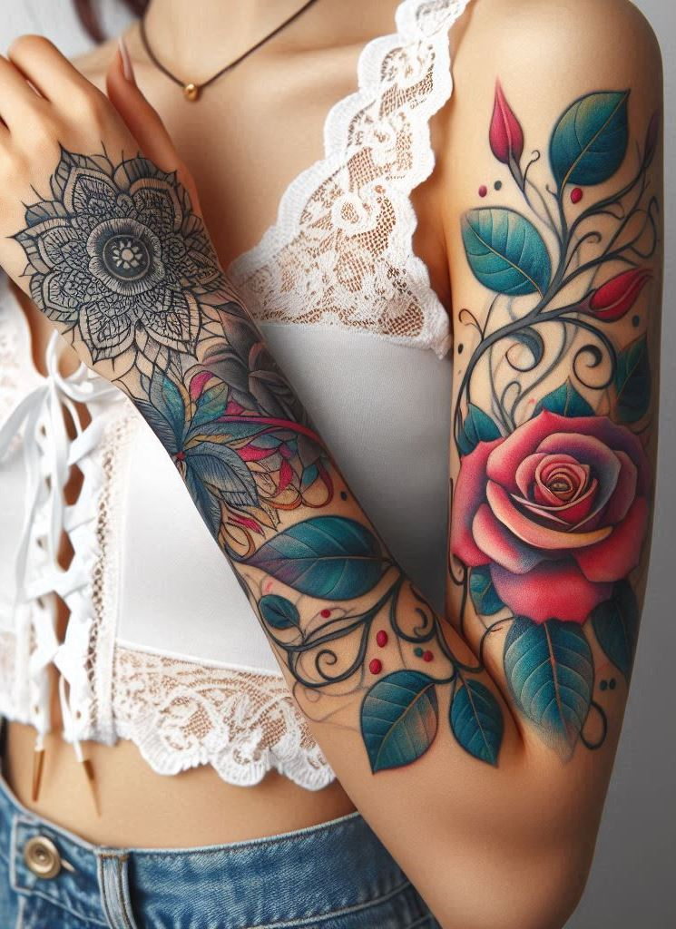 Embrace elegance with a lace-inspired rose tattoo on your arm. Delicate petals intertwine, creating a sensual and timeless design.