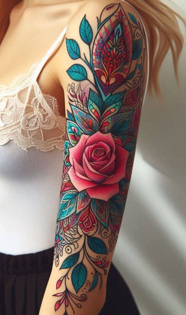 Roses and lace—two classics meet in this exquisite arm tattoo. Let the floral beauty entwine with delicate filigree for an enchanting look.