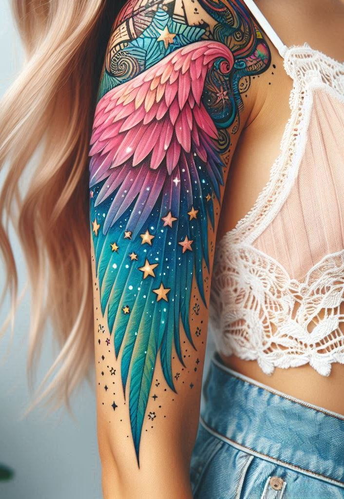 Ink your dreams with celestial magic—angel wings adorned with shimmering stars. This arm tattoo whispers of cosmic protection and stardust wishes.