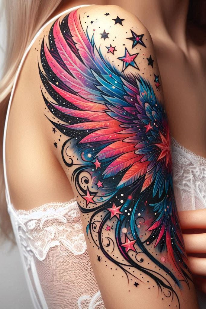 When stars collide with feathered wings, you get an otherworldly masterpiece. Wear this tattoo like a guardian of the night sky.