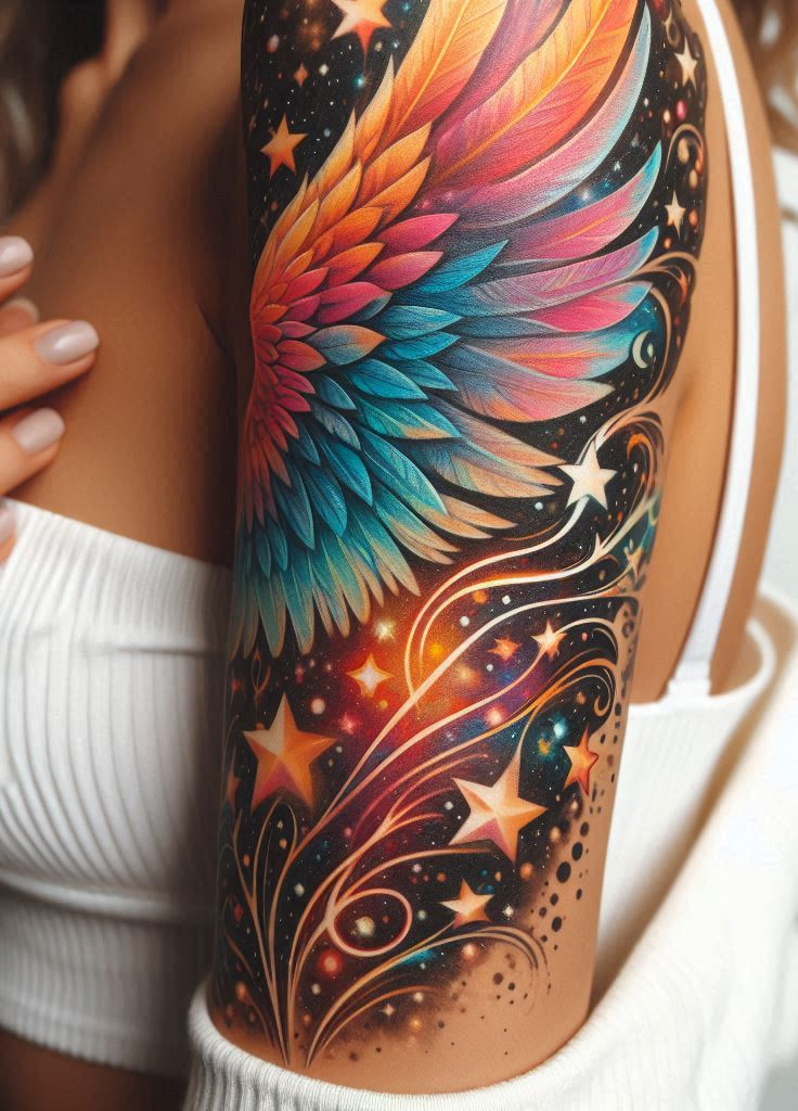 Angel wings and constellations entwine on your arm—a celestial love story written in ink.