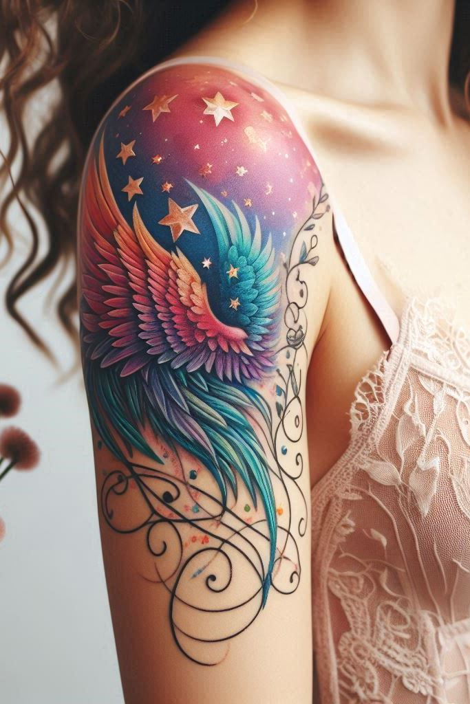 These wings carry stardust secrets. Let them grace your arm, guiding you through moonlit nights.