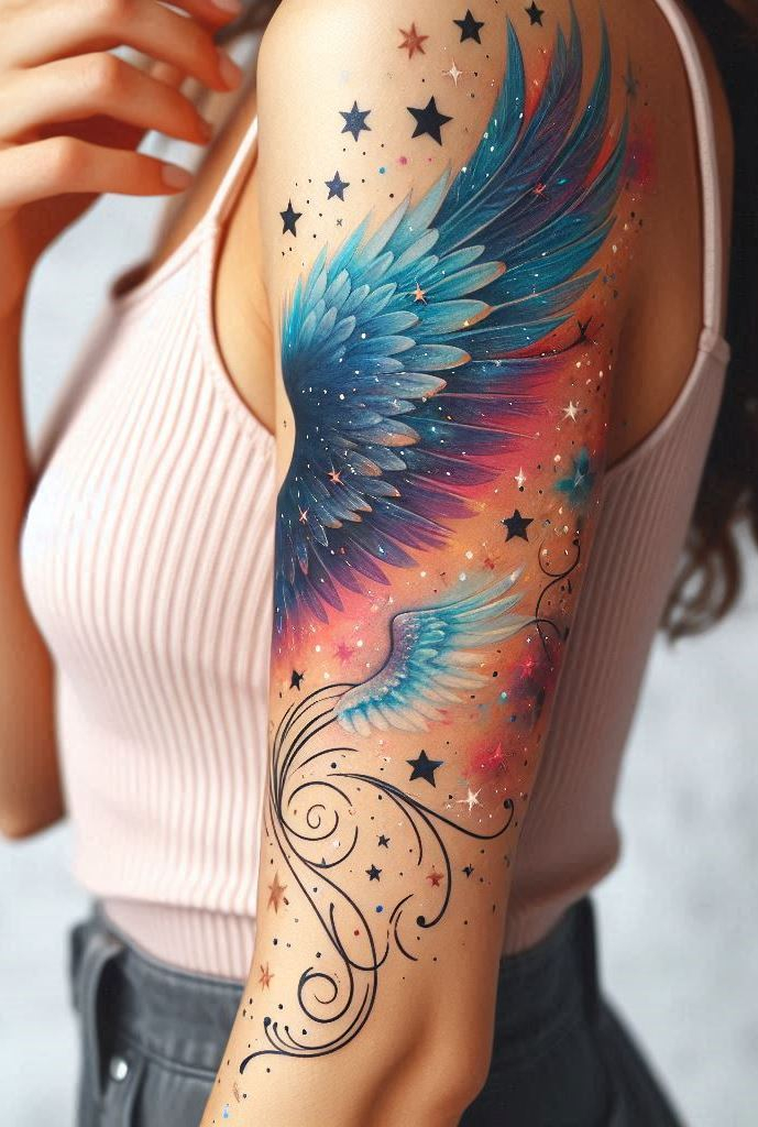 Channel your inner celestial being with this arm ink—angel wings and stars, a cosmic symphony.