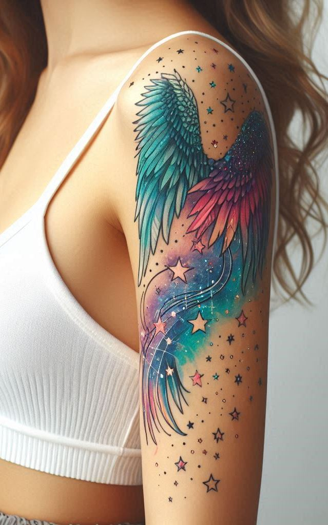 Stars nestle in feathered embrace—an arm tattoo that’s both ethereal and fierce.