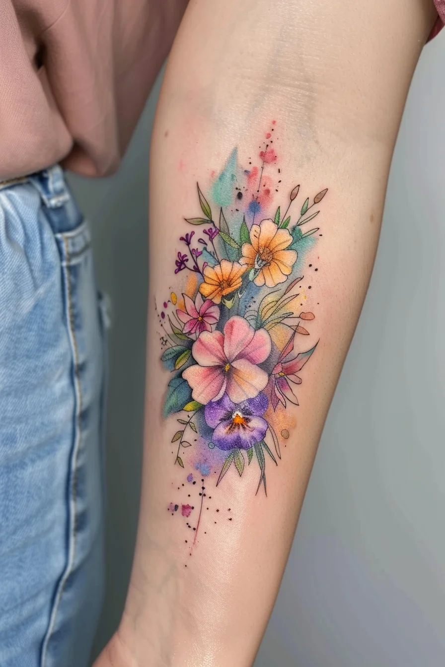 A beautiful bouquet of flowers featuring shades of pink, purple, yellow, and orange creates a lively and vibrant design. Each flower is intricately detailed with soft shading and delicate leaves. The watercolor splashes in the background add a whimsical and artistic touch, enhancing the overall elegance.