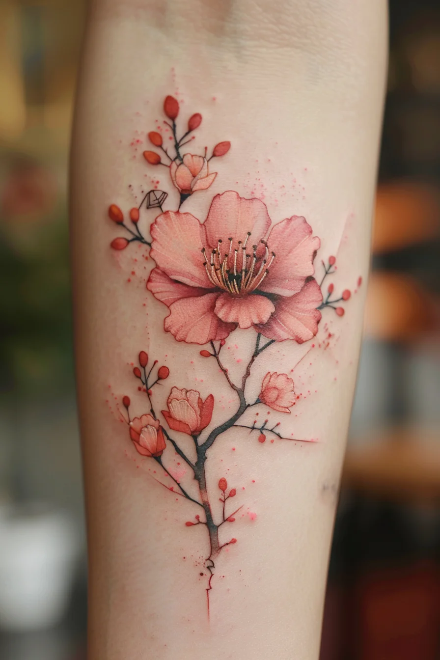 A delicate cherry blossom branch adorned with soft pink flowers and buds creates a serene and elegant design. Each blossom is intricately detailed, capturing the fragile beauty of cherry blossoms in full bloom. The subtle splashes of pink in the background enhance the delicate and romantic feel.